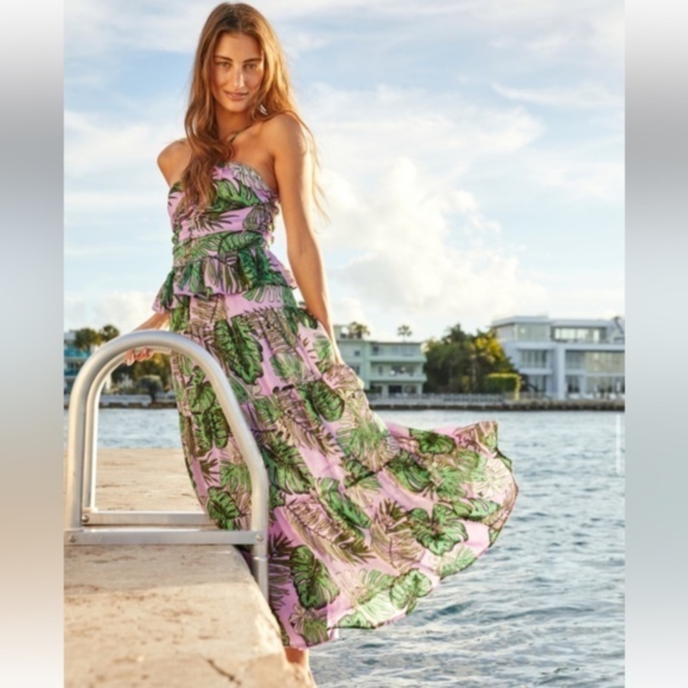 NSR Purple/Green Tropical Sleeveless Ruched Peplum Waist Midi Dress New w tag